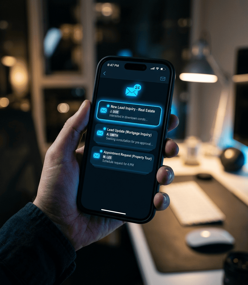 Hand holding a smartphone with glowing blue lead inquiry notifications on screen against a moody dark office background