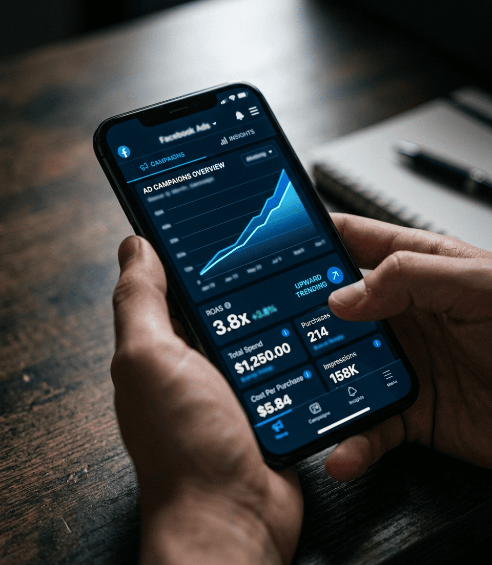 Hands holding a smartphone showing a Facebook Ads campaign dashboard with an upward-trending performance graph