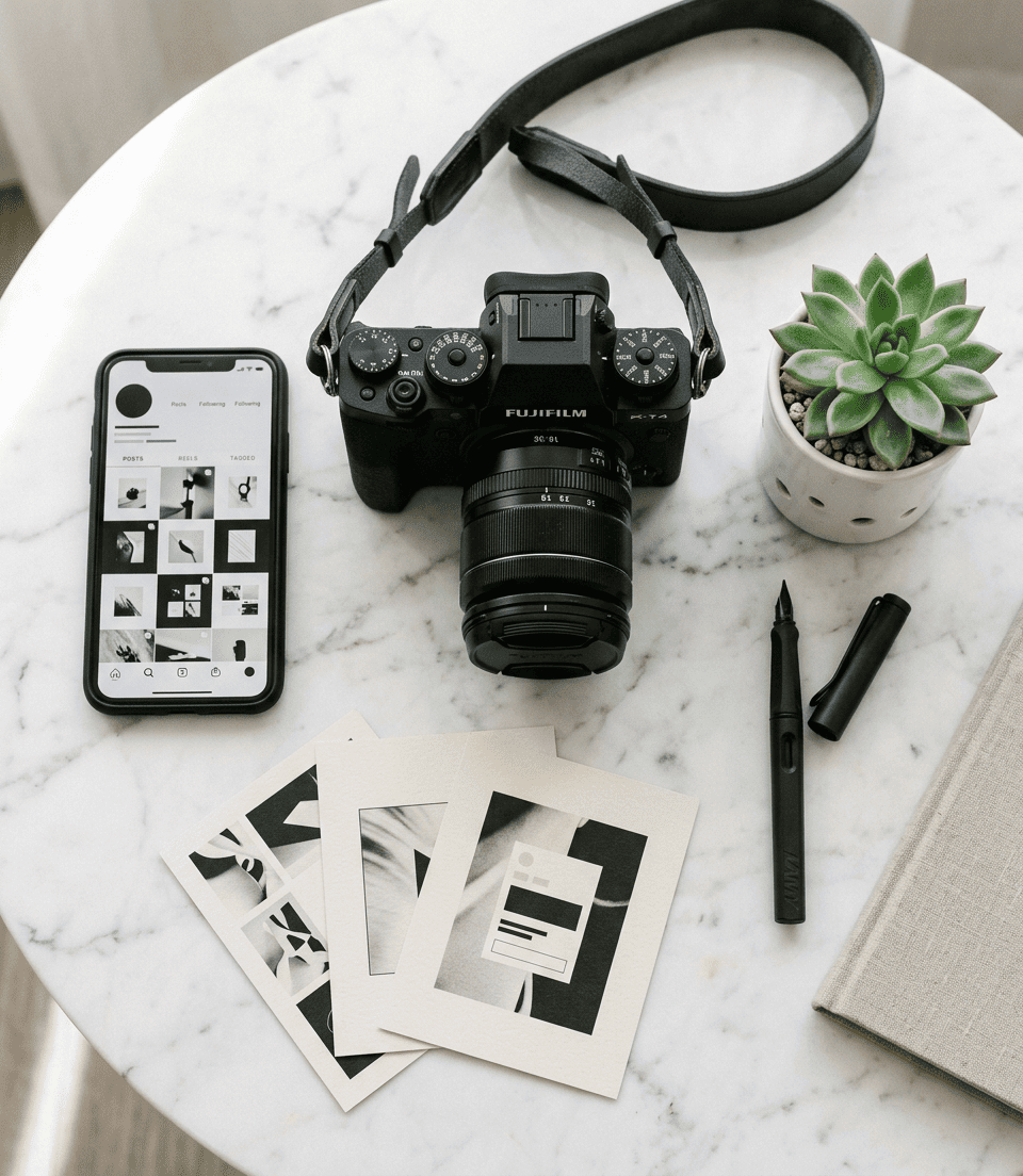 Overhead flat-lay of a Fujifilm camera, smartphone showing an Instagram grid, printed post cards, pen and succulent on a white marble table