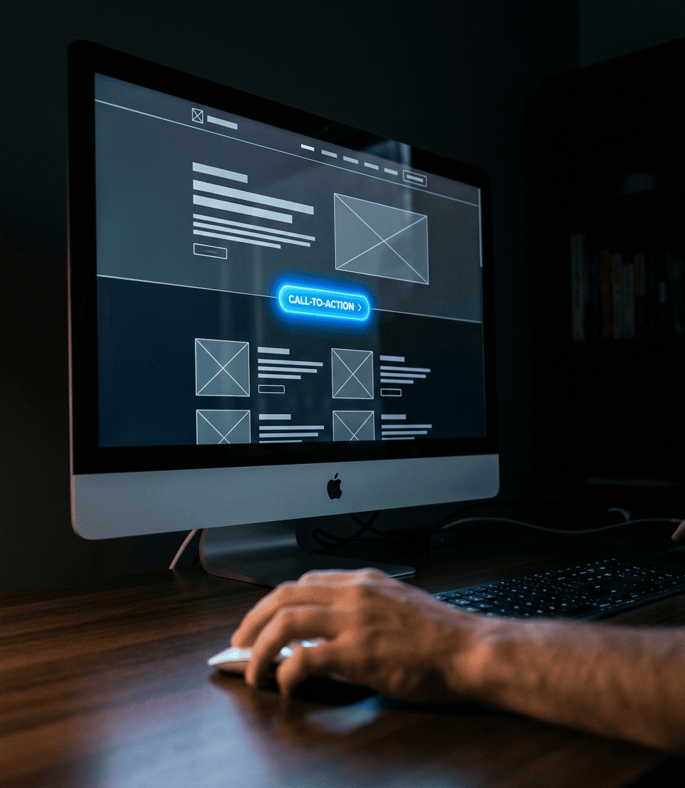 iMac monitor showing a website wireframe with a glowing blue Call-to-Action button, with a hand on a mouse in the foreground